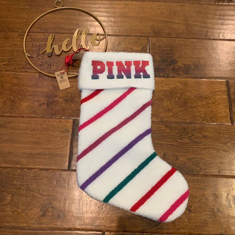 Victorias Secret PINK Striped Sherpa Christmas Holiday Stocking White Multi New